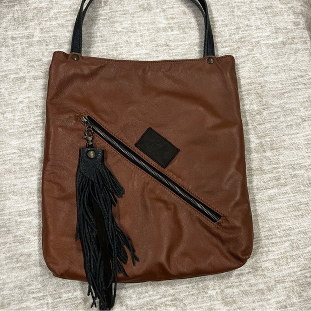Handmade Brown Leather Tote Bag with Black Tassel